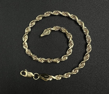 8” 14K Semi-Solid Yellow Gold Diamond Cut Rope Bracelet | 6.24g | 3.5MM | OR |