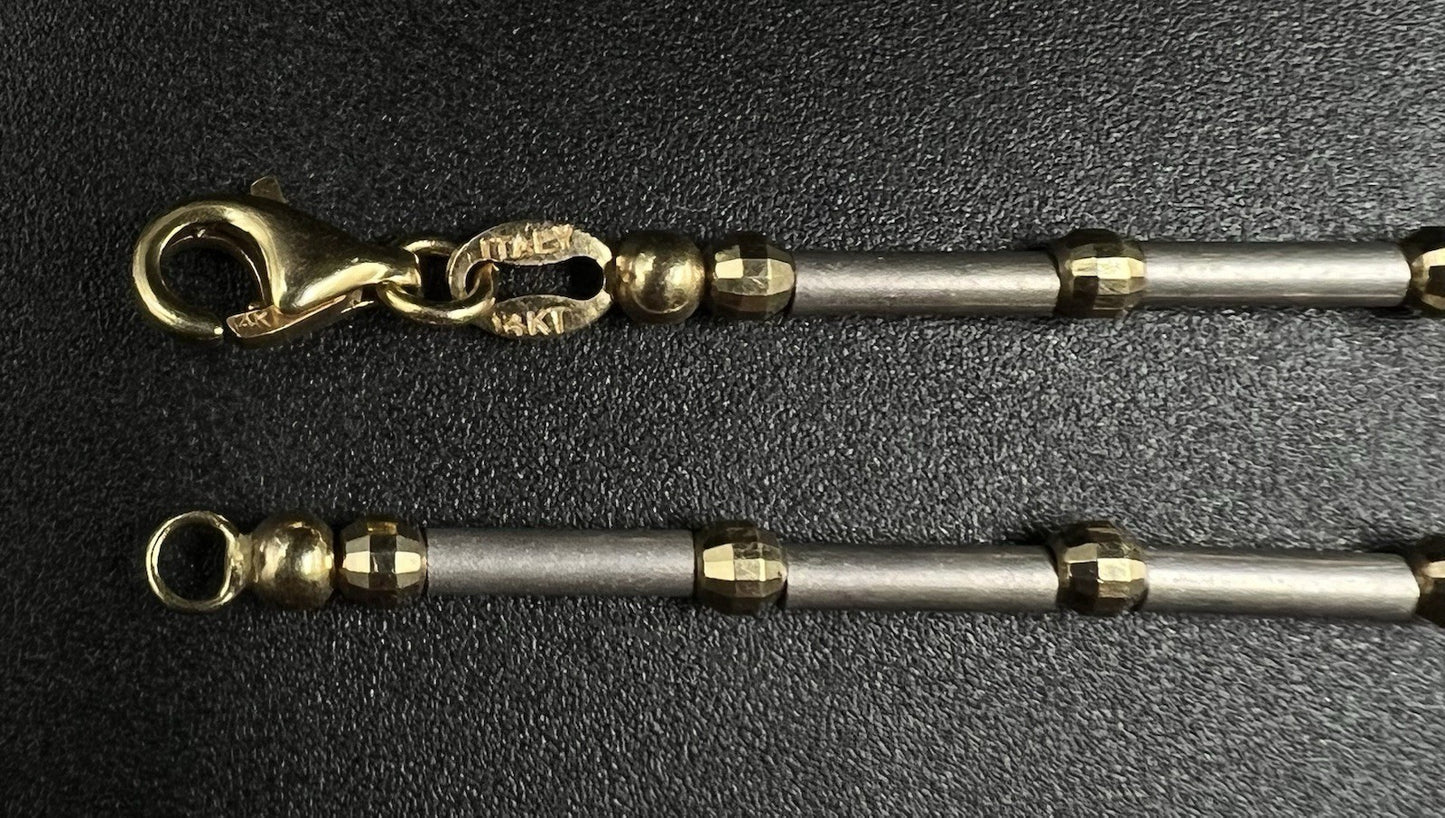 7” 14K Semi-Solid Two-Tone Gold Diamond Cut Tube + Bead Bracelet 4.75g 2.8MM