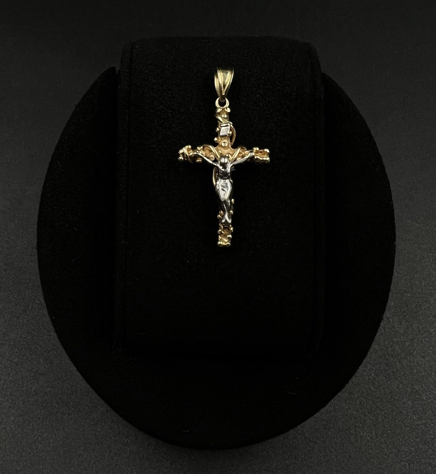 .7” x 1.4” 14K Solid Two-Tone Gold Fancy Crucifix Pendant | 3.07g | 3.6mm Bail |
