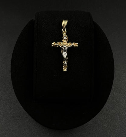 .7” x 1.4” 14K Solid Two-Tone Gold Fancy Crucifix Pendant | 3.07g | 3.6mm Bail |