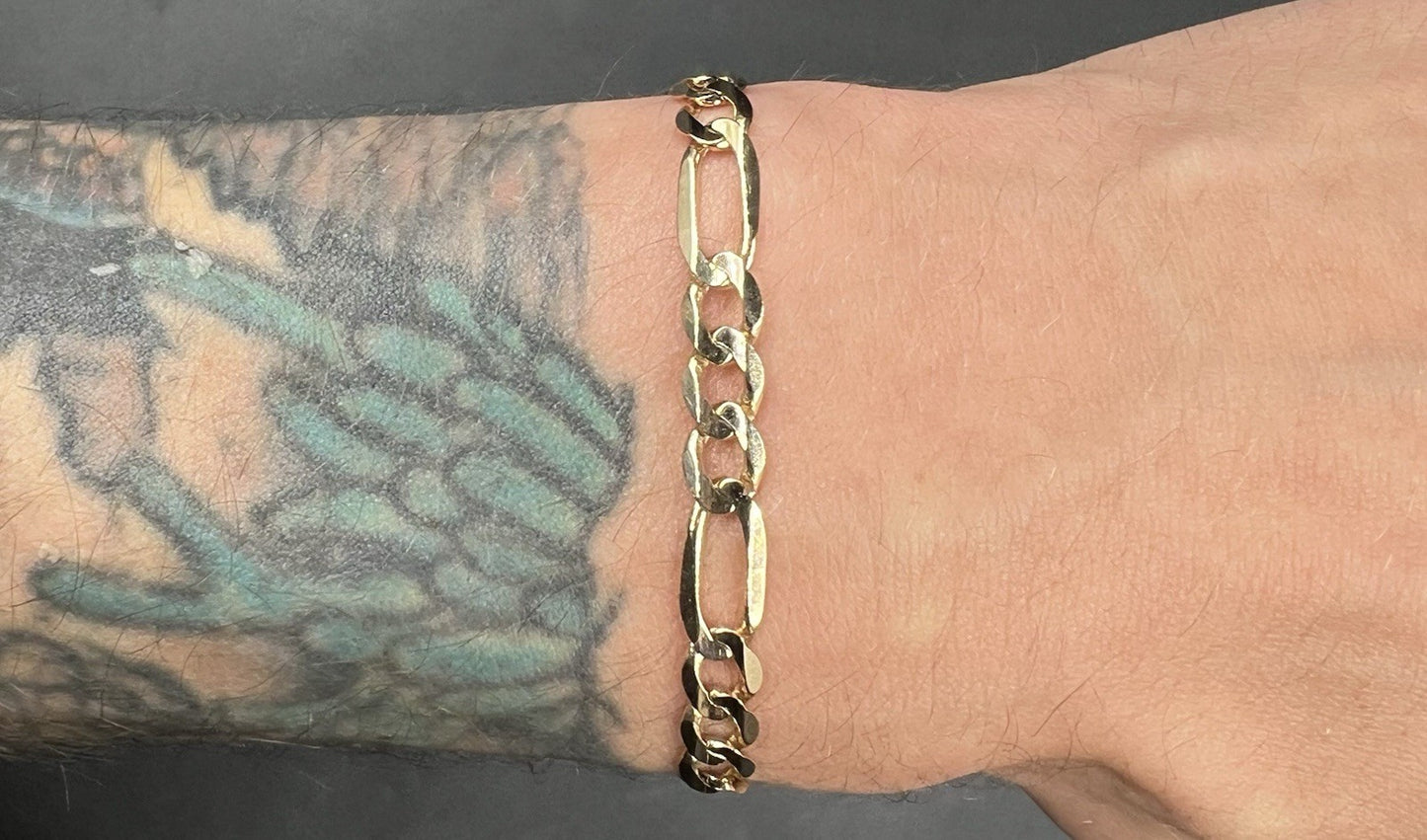 8” 10K Semi-Solid Yellow Gold Diamond Cut Figaro Bracelet 6.91g | 6mm Lobster |