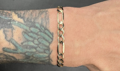 8” 10K Semi-Solid Yellow Gold Diamond Cut Figaro Bracelet 6.91g | 6mm Lobster |