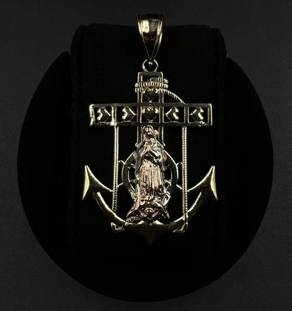 2.36” x 1.42” 10K SemiSolid Tri-Tone Gold Virgin Mary Anchor Cross Pendant 9.62g