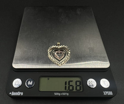 .94” x .94” 10K Semi-Solid Tri-Tone Gold Diamond Cut Heart Pendant 1.66g 3MM