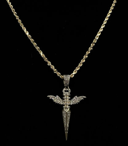 .93” x 1.5” 10K Solid Yellow Gold Natural Diamond Winged Dagger Pendant 3g 4.4MM