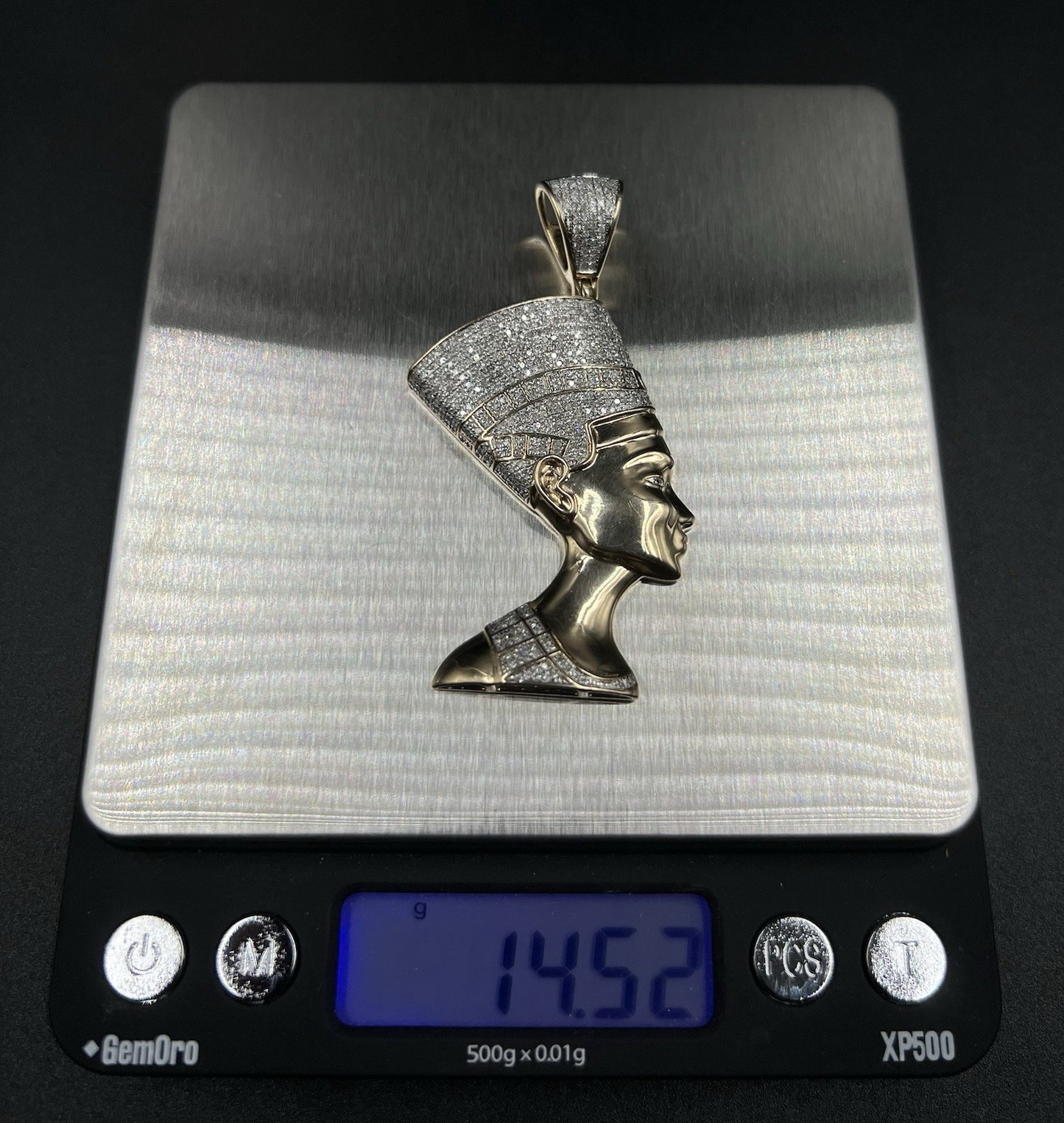 1.28” x 2.52” 10K Semi-Solid Gold Natural Diamond Nefertiti Pendant ~1.5ct 14.5g