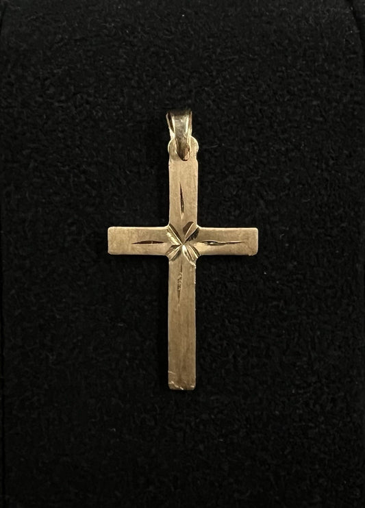 .57” x .98” 14K Hollow Yellow Gold Diamond Cut Cross Pendant | .58g | Fits 3MM |