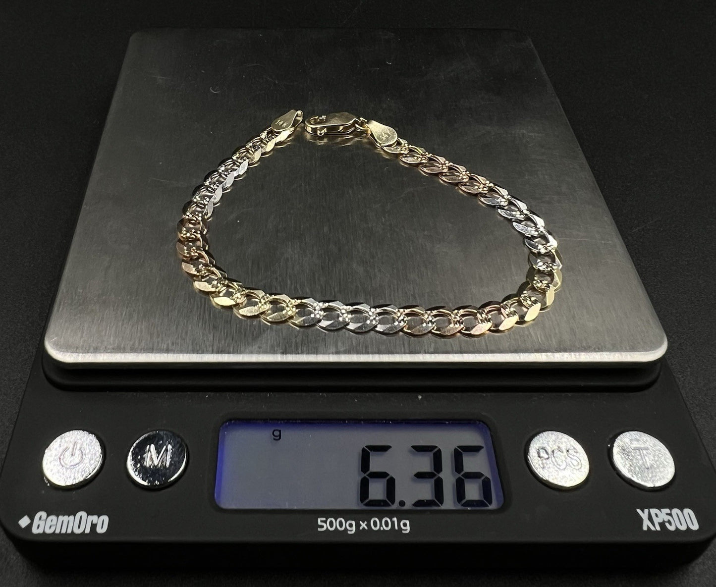 7.25” 14K Semi-Solid Tri-Tone Gold Diamond Cut Curb Bracelet | 6.36g | 5.6MM |