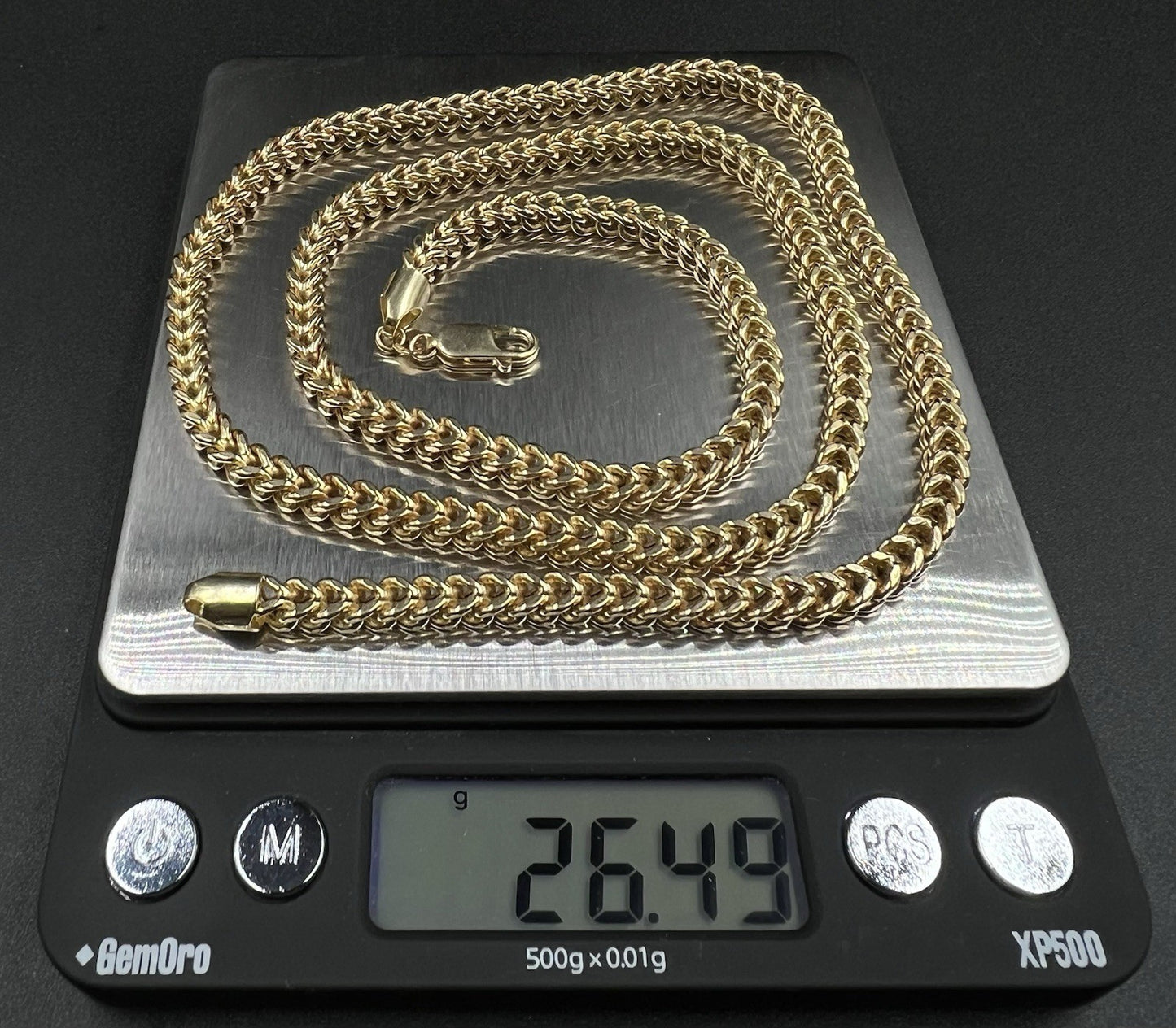 26.25” 10K Semi-Solid Yellow Gold Diamond Cut Franco Box Chain | 26.49g | 4.5MM