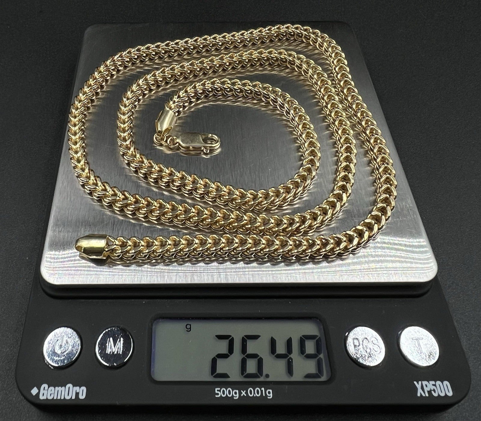 26.25” 10K Semi-Solid Yellow Gold Diamond Cut Franco Box Chain | 26.49g | 4.5MM