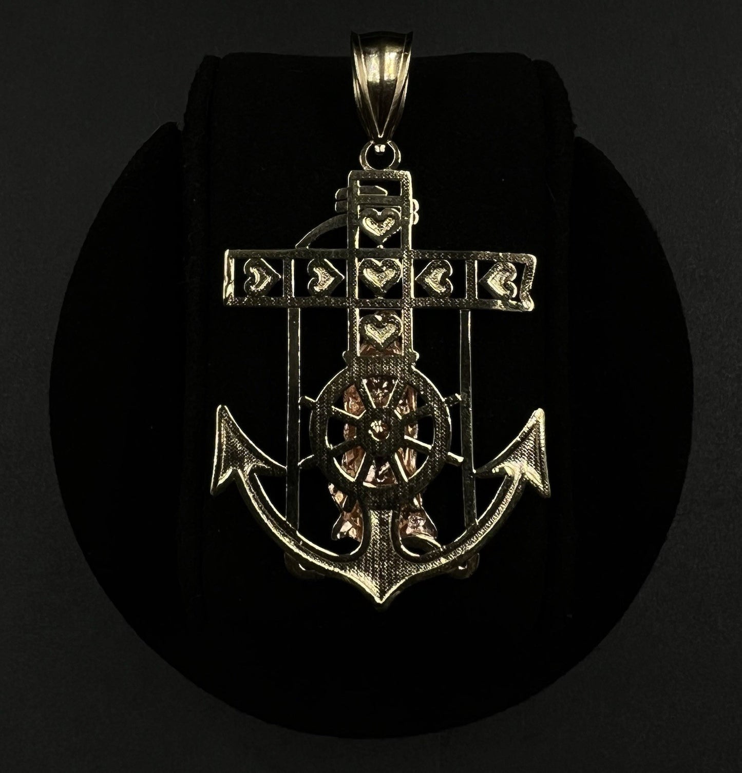 2.36” x 1.42” 10K SemiSolid Tri-Tone Gold Virgin Mary Anchor Cross Pendant 9.62g