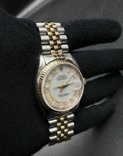 Rolex Datejust 16013 36mm Two Tone Jubilee MOP Diamond Roman Dial Quickset Watch