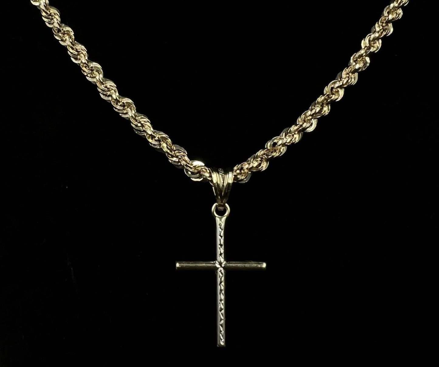 .67” x 1.32” 14K Hollow Two-Tone Gold Diamond Cut Cross Pendant .76g 4.5MM Bail