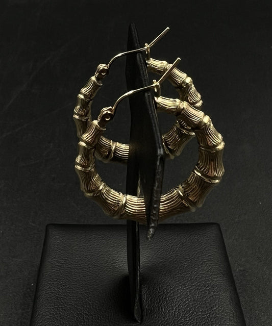 1.1” 10K Hollow Yellow Gold Bamboo Hoop Earrings | 3g | 5MM Thick |