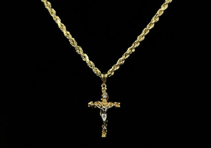 .7” x 1.4” 14K Solid Two-Tone Gold Fancy Crucifix Pendant | 3.07g | 3.6mm Bail |