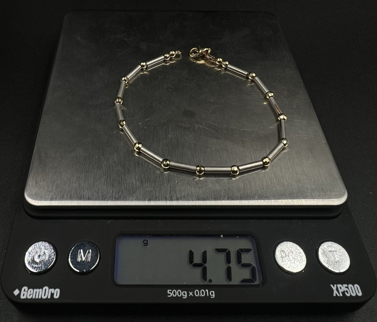 7” 14K Semi-Solid Two-Tone Gold Diamond Cut Tube + Bead Bracelet 4.75g 2.8MM