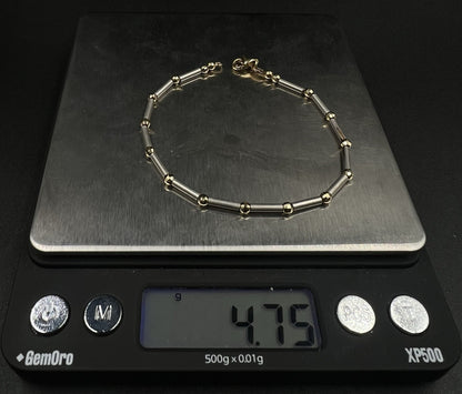 7” 14K Semi-Solid Two-Tone Gold Diamond Cut Tube + Bead Bracelet 4.75g 2.8MM