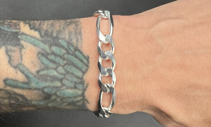 9” 925 Solid Sterling Silver Diamond Cut Figaro Bracelet 25.07g | 9.2mm | Italy