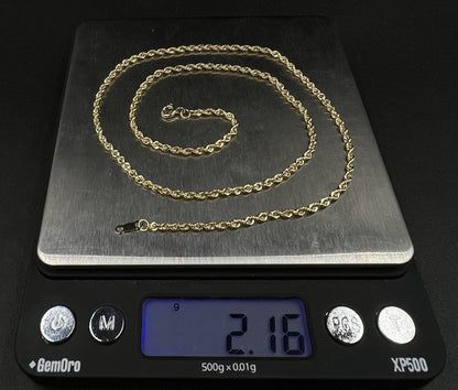 18.25” 14K Hollow Yellow Gold Rope Chain | 2.15g | 2.2MM | Lobster Clasp |