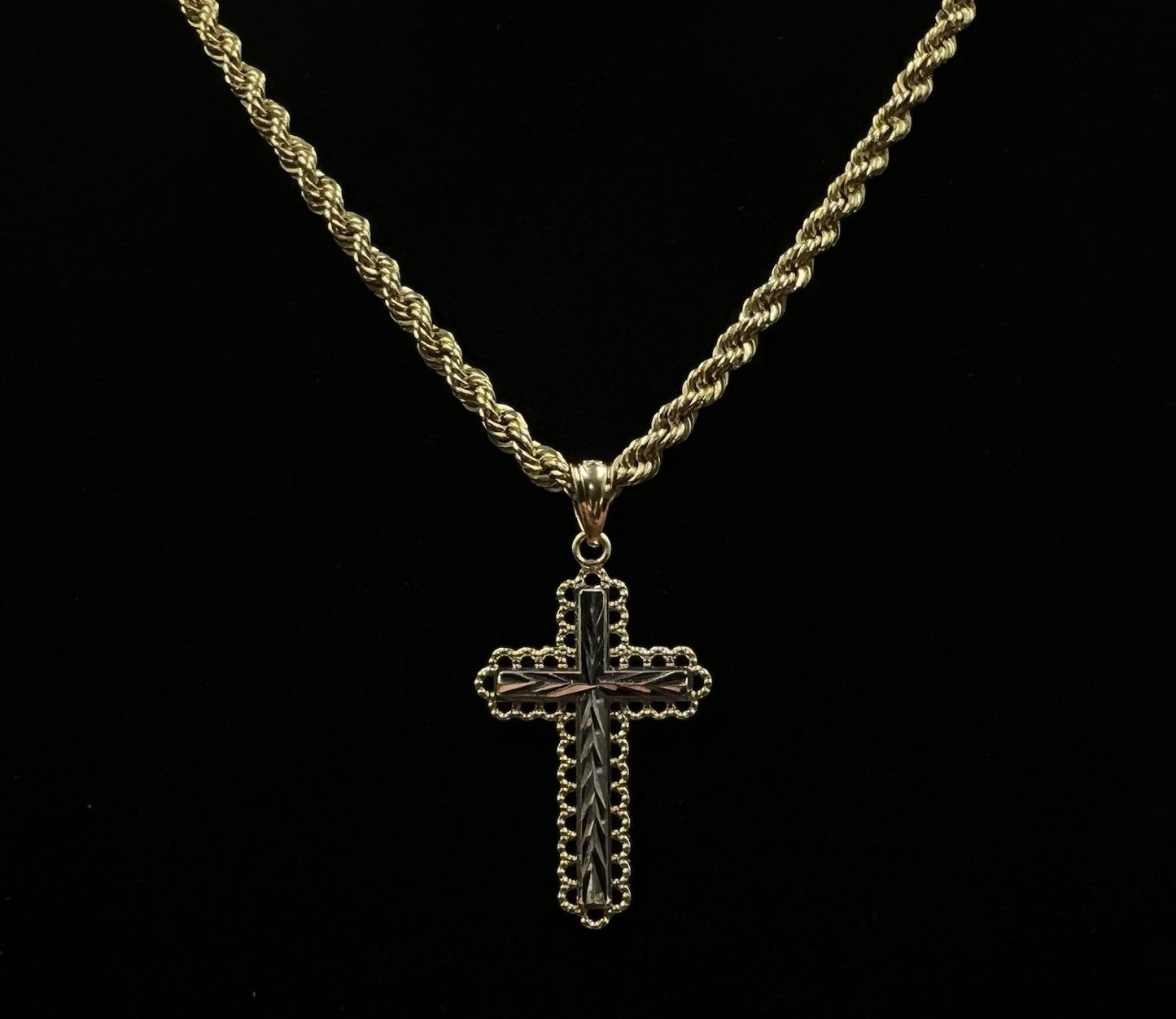 .61” x 1” 14K Semi-Solid Two-Tone Gold Diamond Cut Cross Pendant 1.07g 3MM Bail