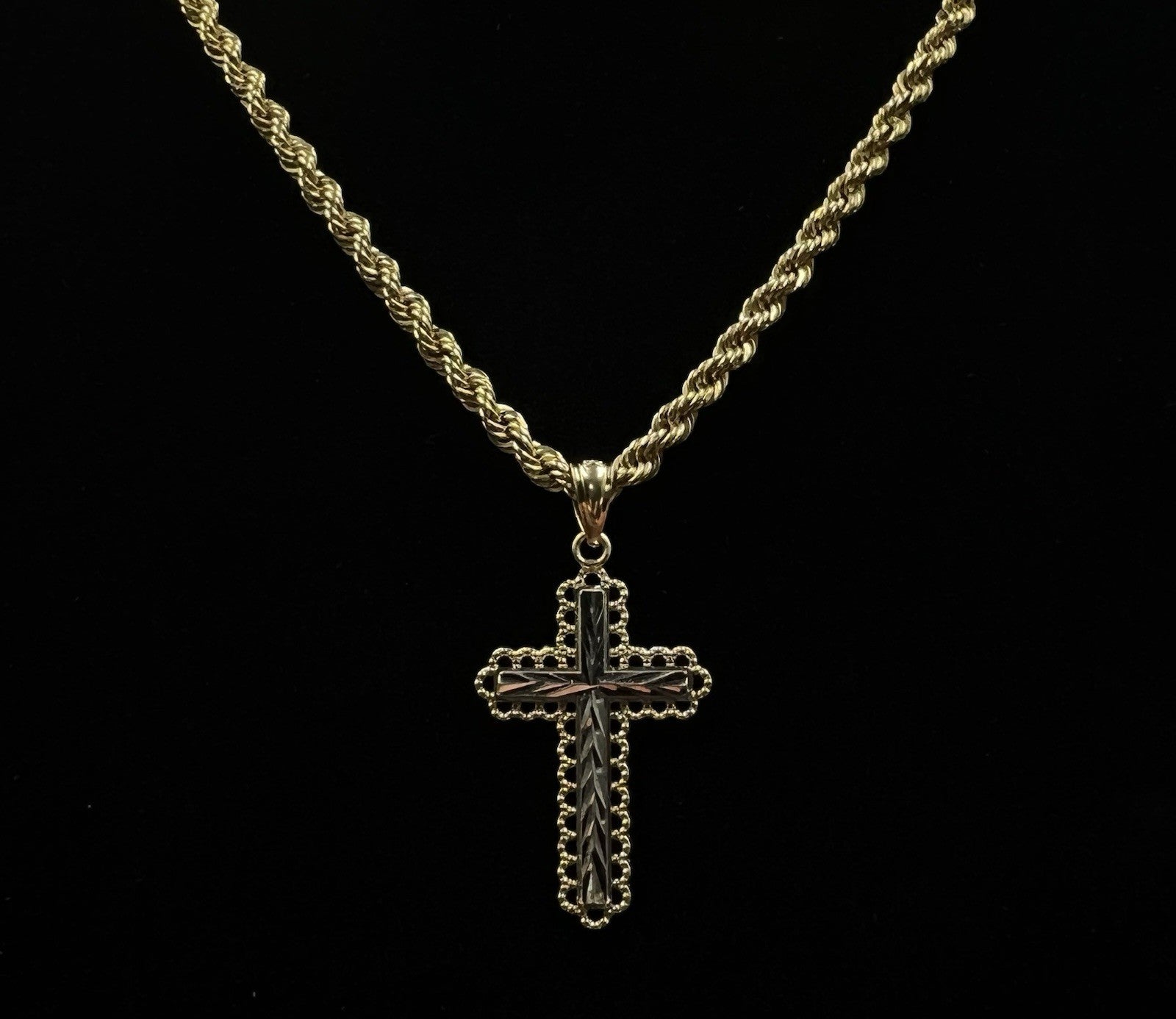 .61” x 1” 14K Semi-Solid Two-Tone Gold Diamond Cut Cross Pendant 1.07g 3MM Bail