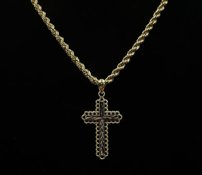 .61” x 1” 14K Semi-Solid Two-Tone Gold Diamond Cut Cross Pendant 1.07g 3MM Bail