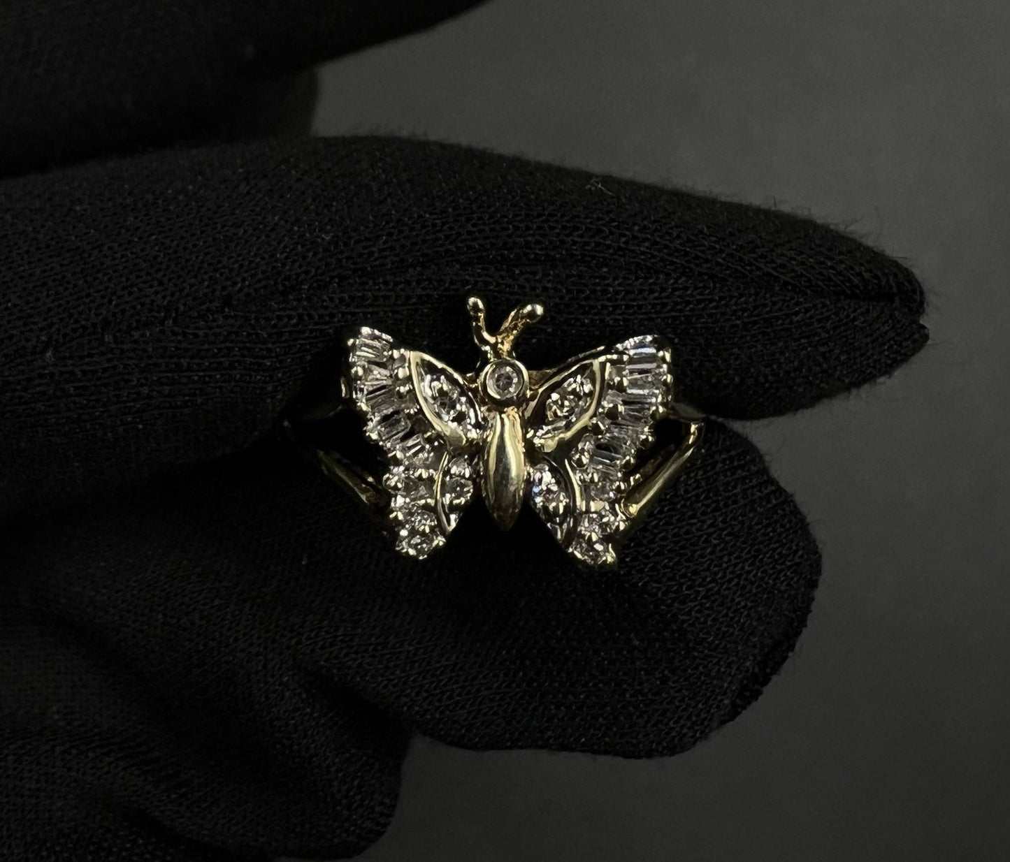 10K Solid Yellow Gold Natural Diamond Baguette Butterfly Ring ~.2ct Size 9 2.79g