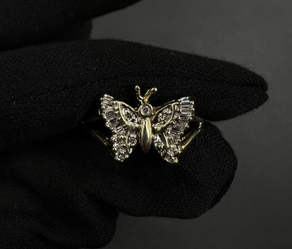 10K Solid Yellow Gold Natural Diamond Baguette Butterfly Ring ~.2ct Size 9 2.79g