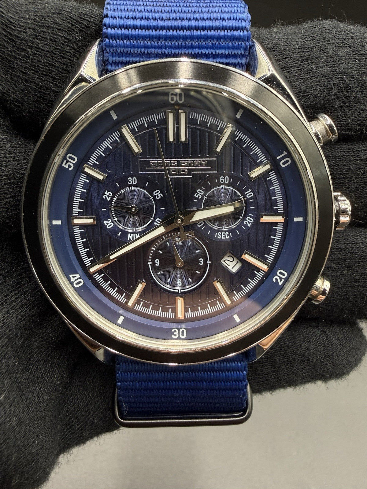 Jorg Gray 47MM Men's Chronograph Watch - Blue Dial - Swiss Ronda - JG6900 - 100M