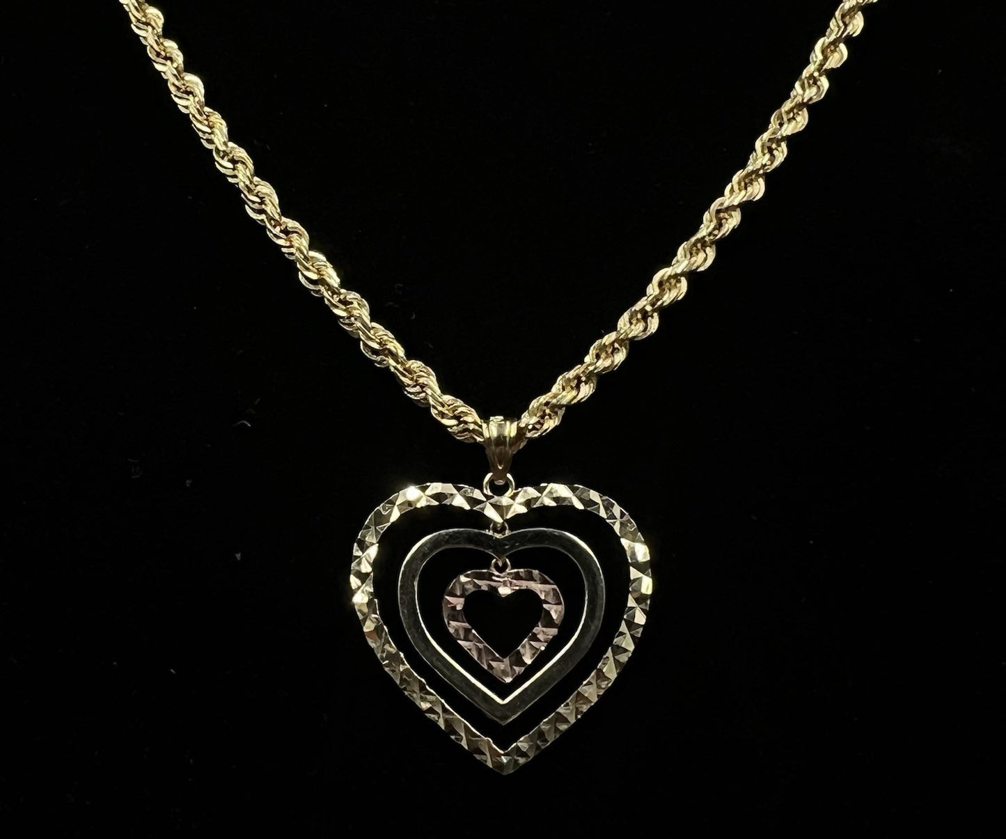 .94” x .94” 10K Semi-Solid Tri-Tone Gold Diamond Cut Heart Pendant 1.66g 3MM