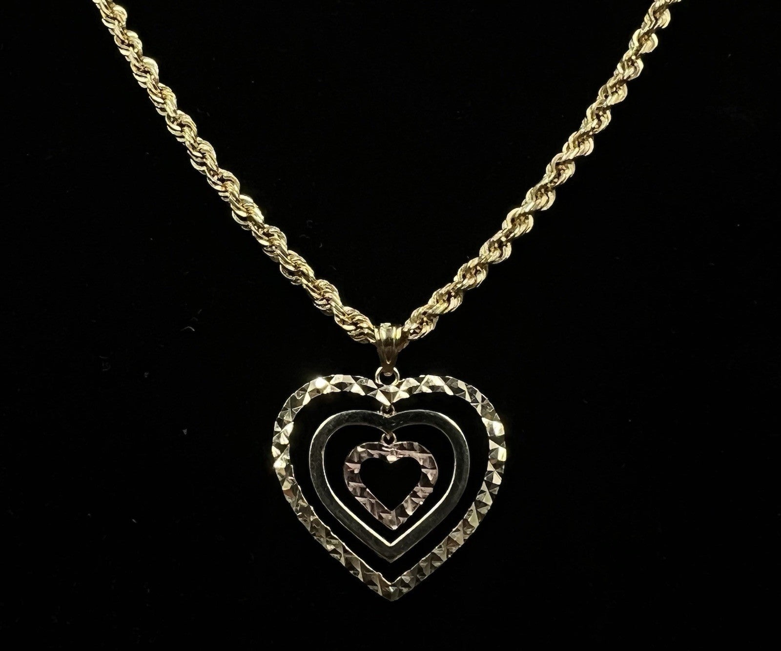 .94” x .94” 10K Semi-Solid Tri-Tone Gold Diamond Cut Heart Pendant 1.66g 3MM