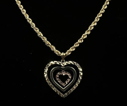 .94” x .94” 10K Semi-Solid Tri-Tone Gold Diamond Cut Heart Pendant 1.66g 3MM