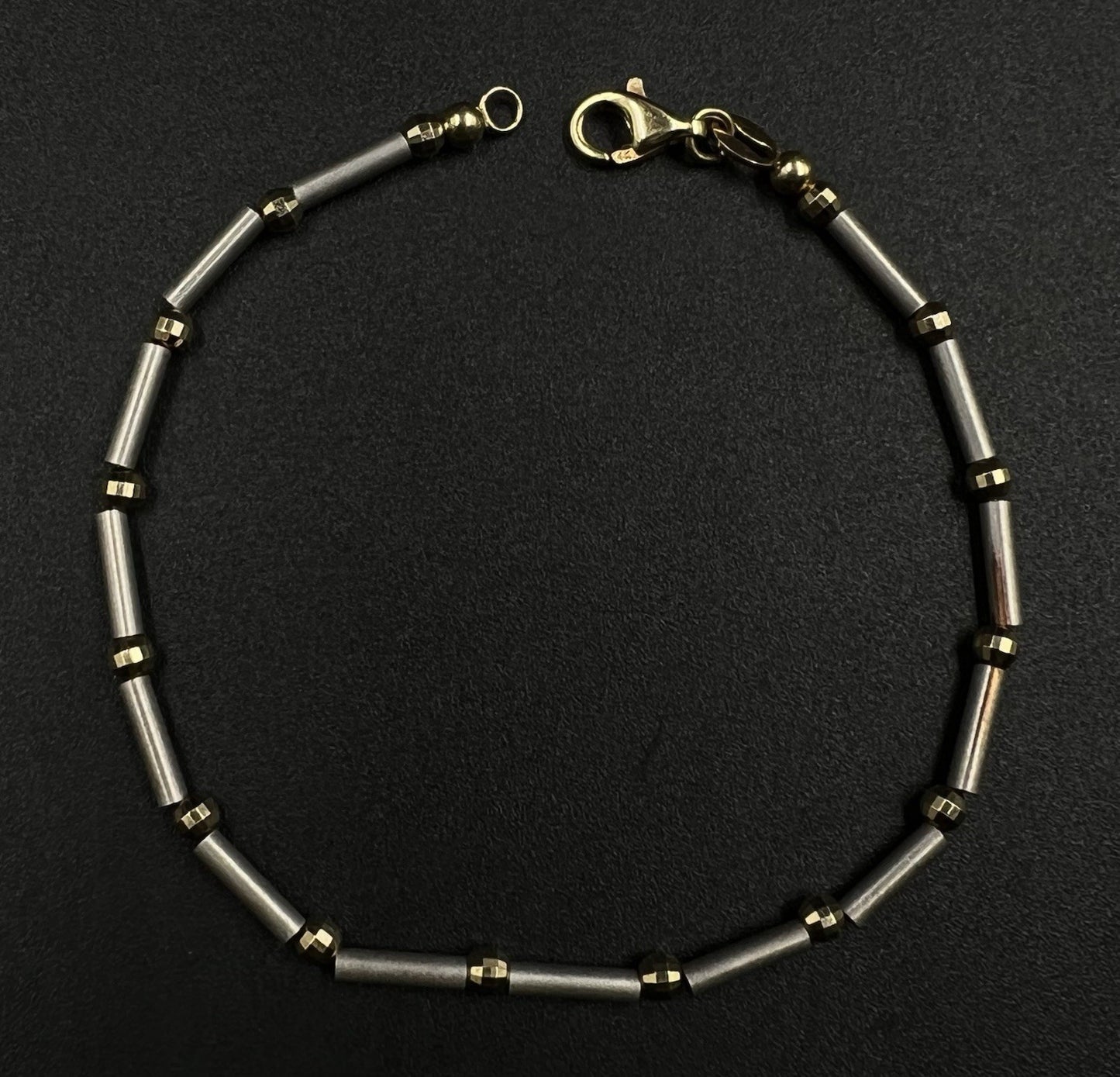 7” 14K Semi-Solid Two-Tone Gold Diamond Cut Tube + Bead Bracelet 4.75g 2.8MM