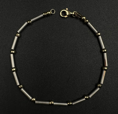 7” 14K Semi-Solid Two-Tone Gold Diamond Cut Tube + Bead Bracelet 4.75g 2.8MM