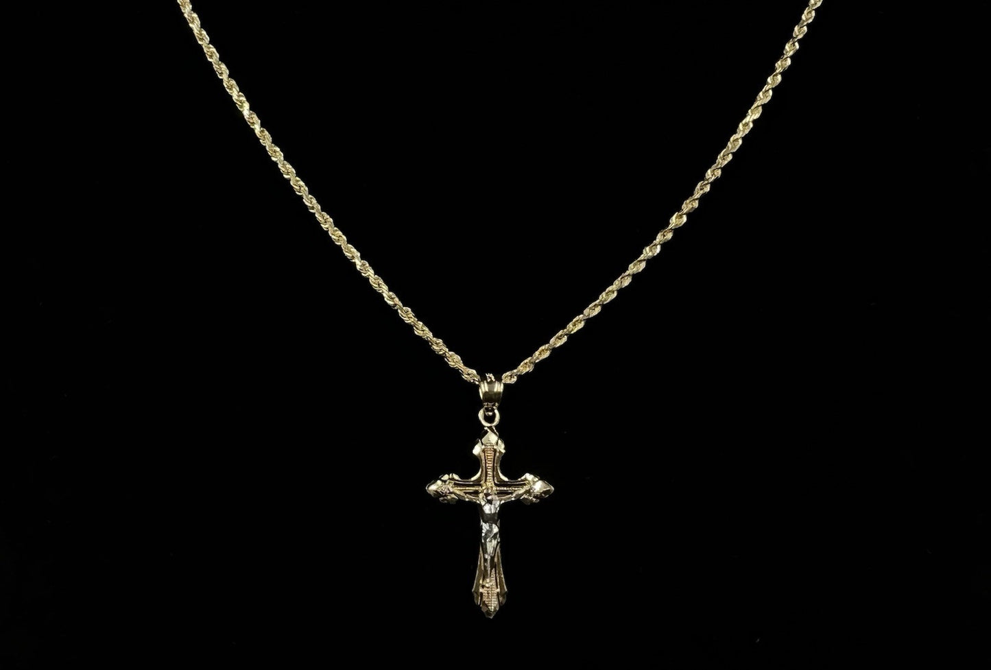 .61” x 1.17” 14K Solid Two-Tone Gold Crucifix Pendant | .91g | 3.5mm Bail |