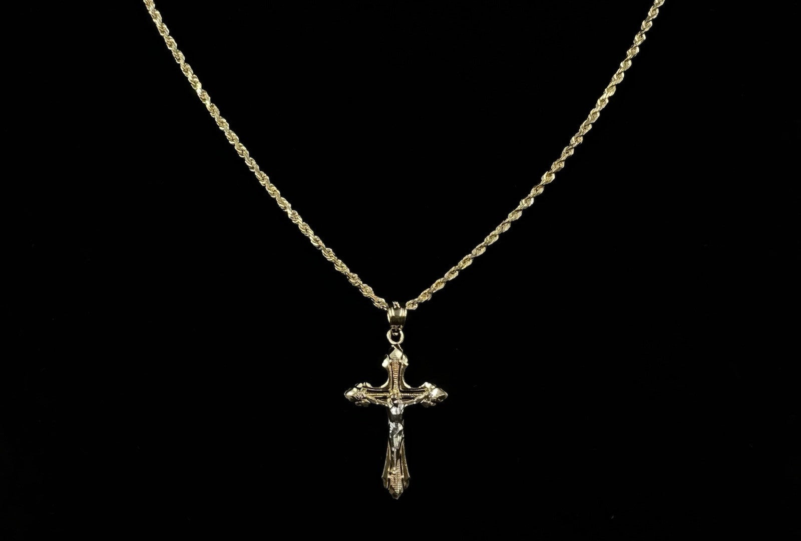 .61” x 1.17” 14K Solid Two-Tone Gold Crucifix Pendant | .91g | 3.5mm Bail |