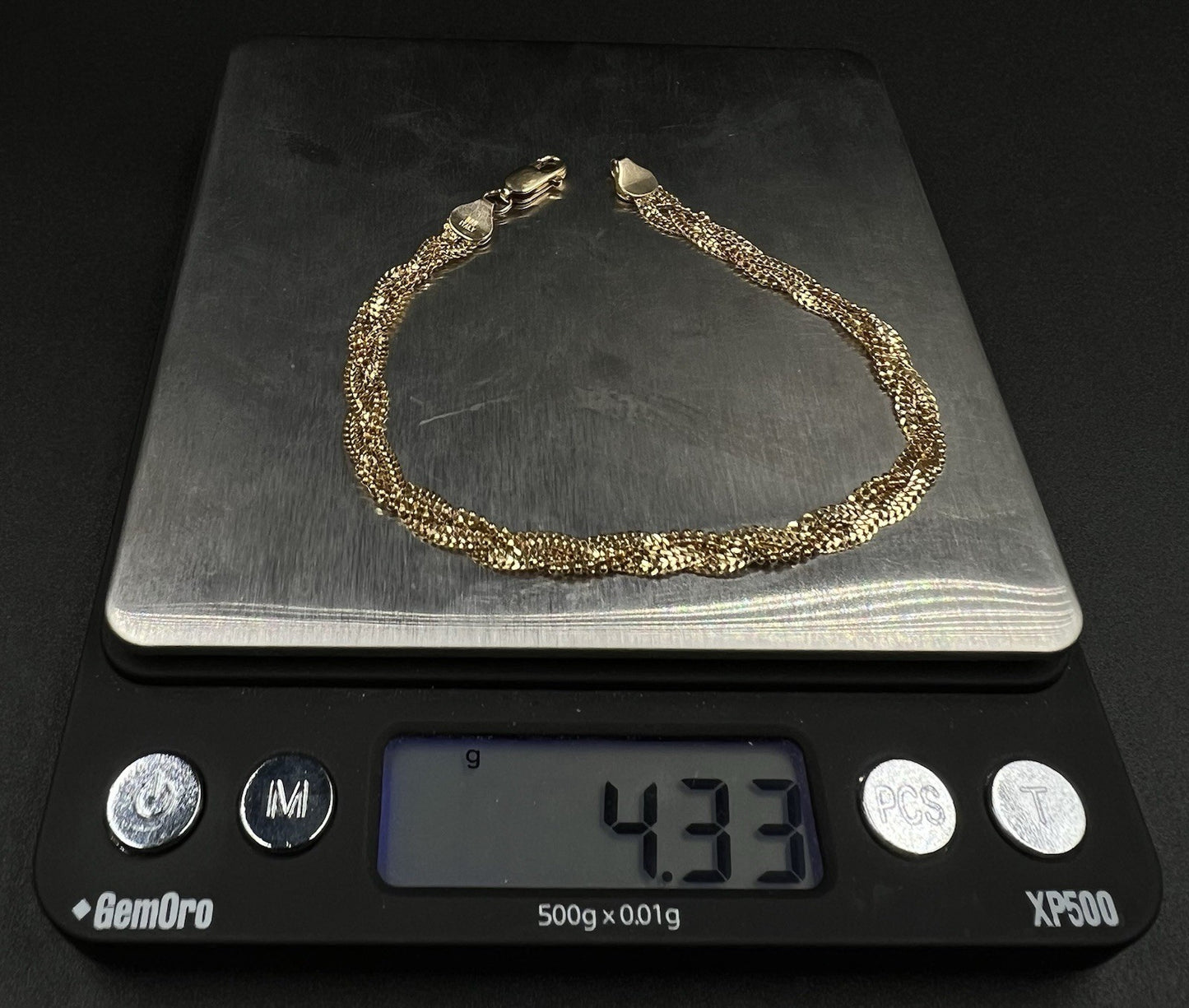 7.25” 14K Hollow Yellow Gold Diamond Cut Braided Curb + Bead Bracelet 4.31g 5MM