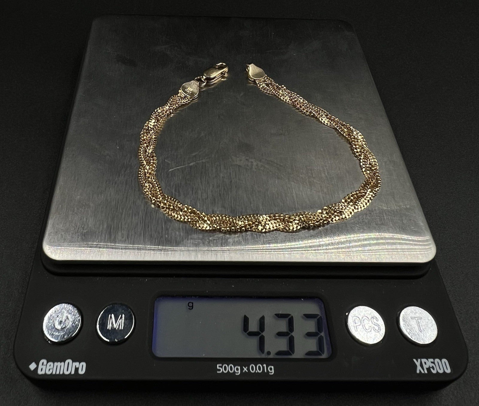 7.25” 14K Hollow Yellow Gold Diamond Cut Braided Curb + Bead Bracelet 4.31g 5MM