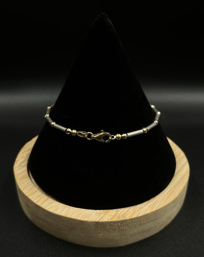 7” 14K Semi-Solid Two-Tone Gold Diamond Cut Tube + Bead Bracelet 4.75g 2.8MM