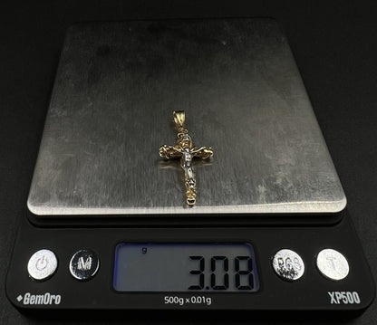 .7” x 1.4” 14K Solid Two-Tone Gold Fancy Crucifix Pendant | 3.07g | 3.6mm Bail |