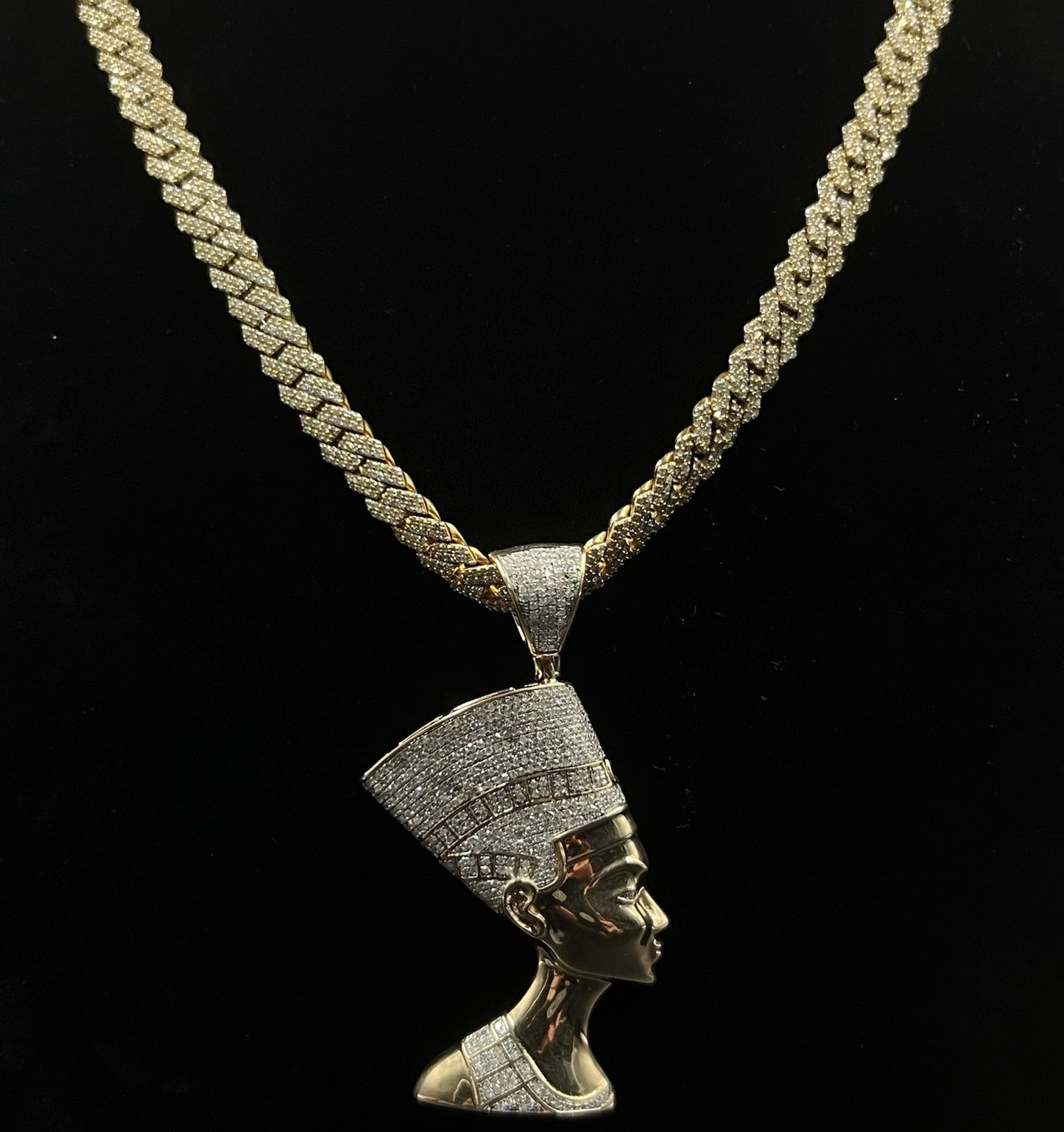 1.28” x 2.52” 10K Semi-Solid Gold Natural Diamond Nefertiti Pendant ~1.5ct 14.5g