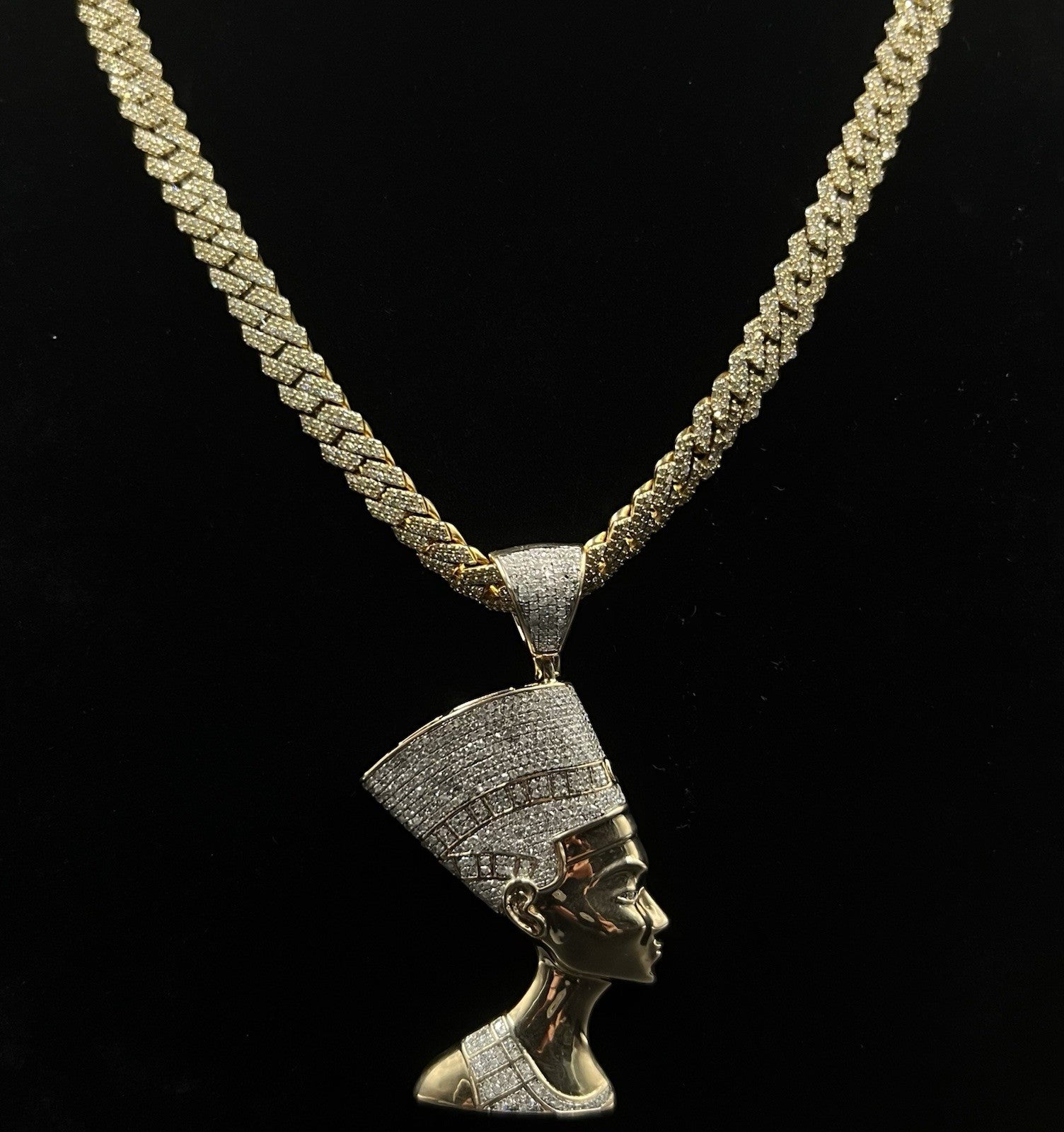 1.28” x 2.52” 10K Semi-Solid Gold Natural Diamond Nefertiti Pendant ~1.5ct 14.5g