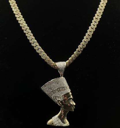 1.28” x 2.52” 10K Semi-Solid Gold Natural Diamond Nefertiti Pendant ~1.5ct 14.5g