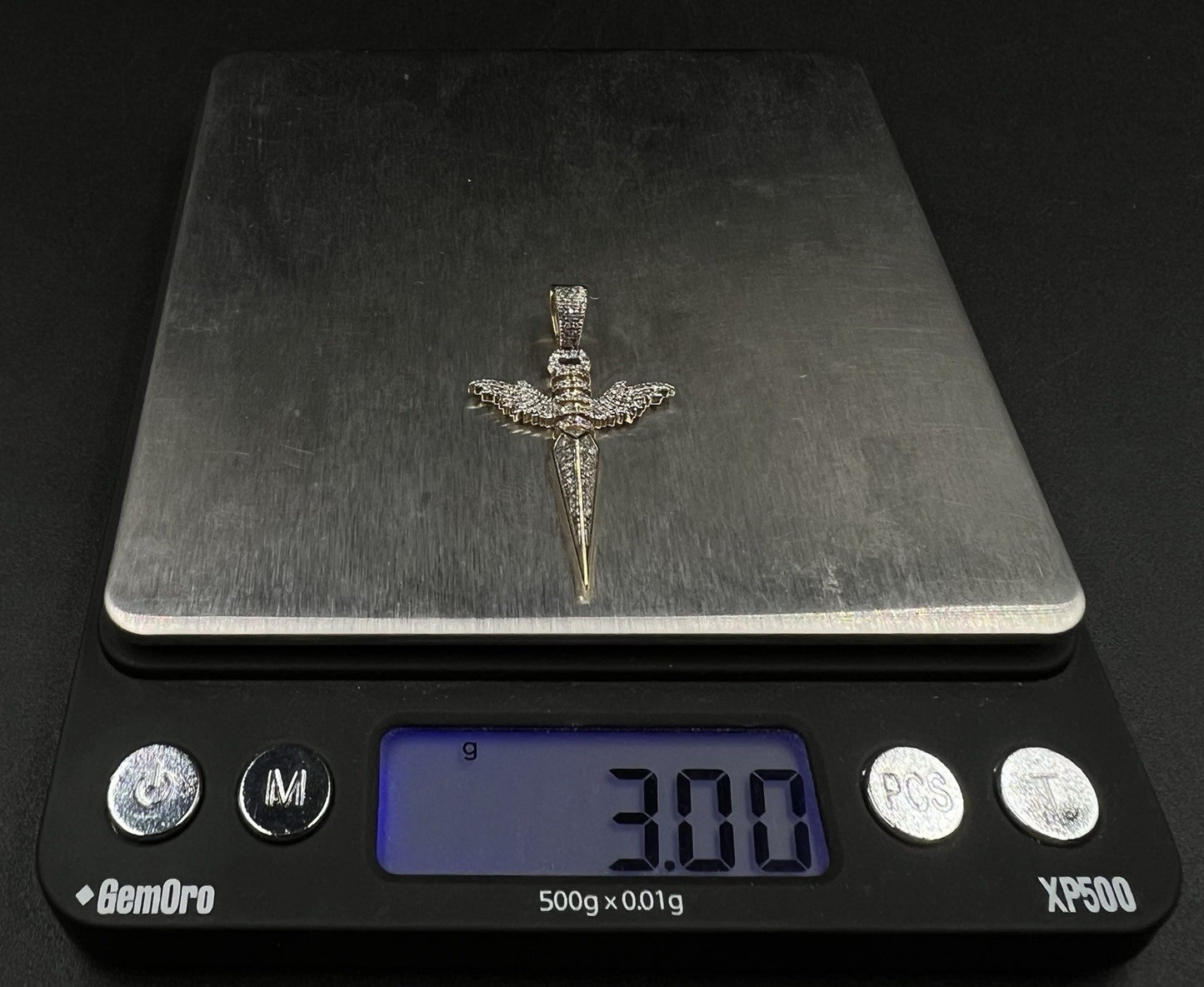 .93” x 1.5” 10K Solid Yellow Gold Natural Diamond Winged Dagger Pendant 3g 4.4MM