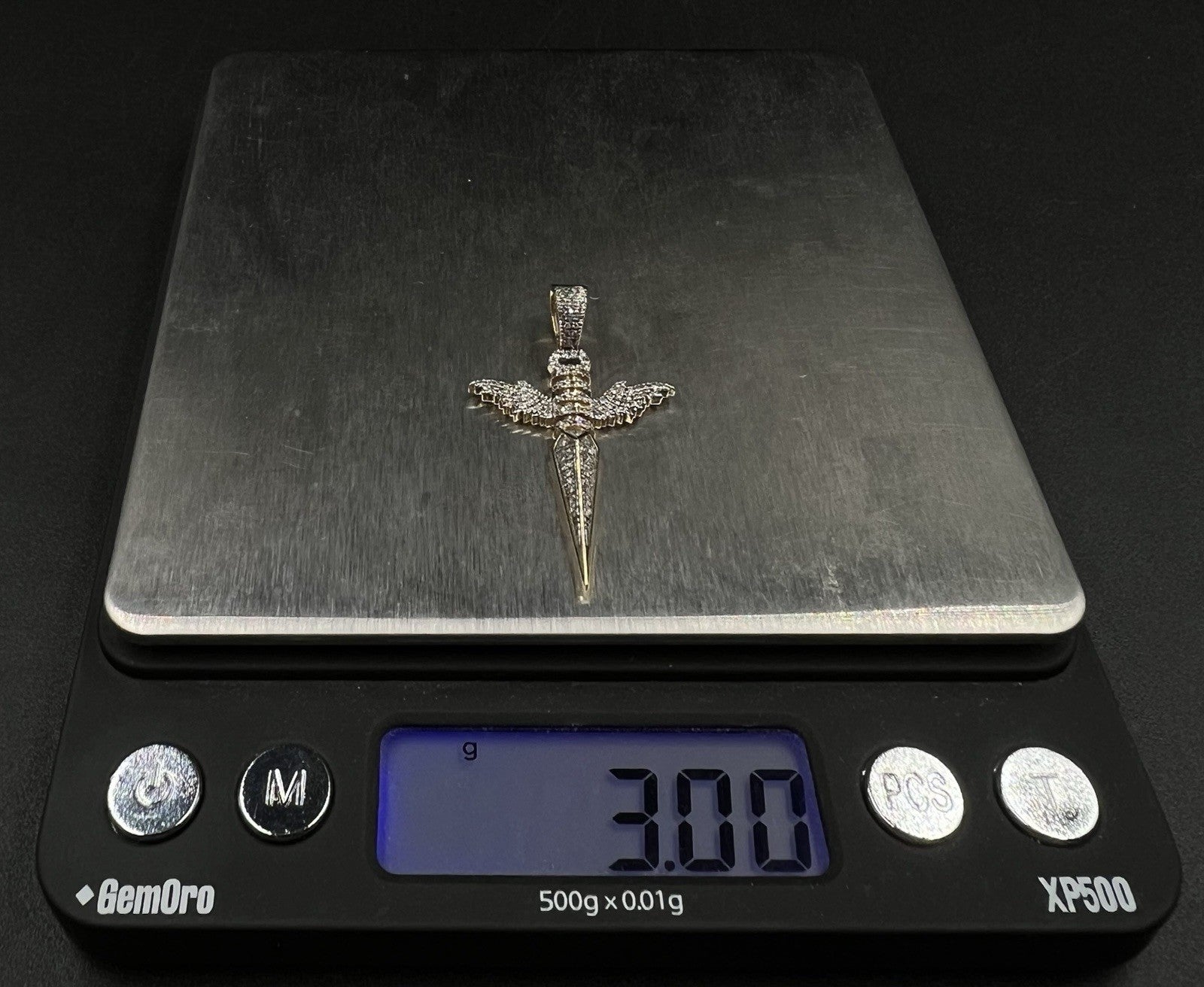 .93” x 1.5” 10K Solid Yellow Gold Natural Diamond Winged Dagger Pendant 3g 4.4MM