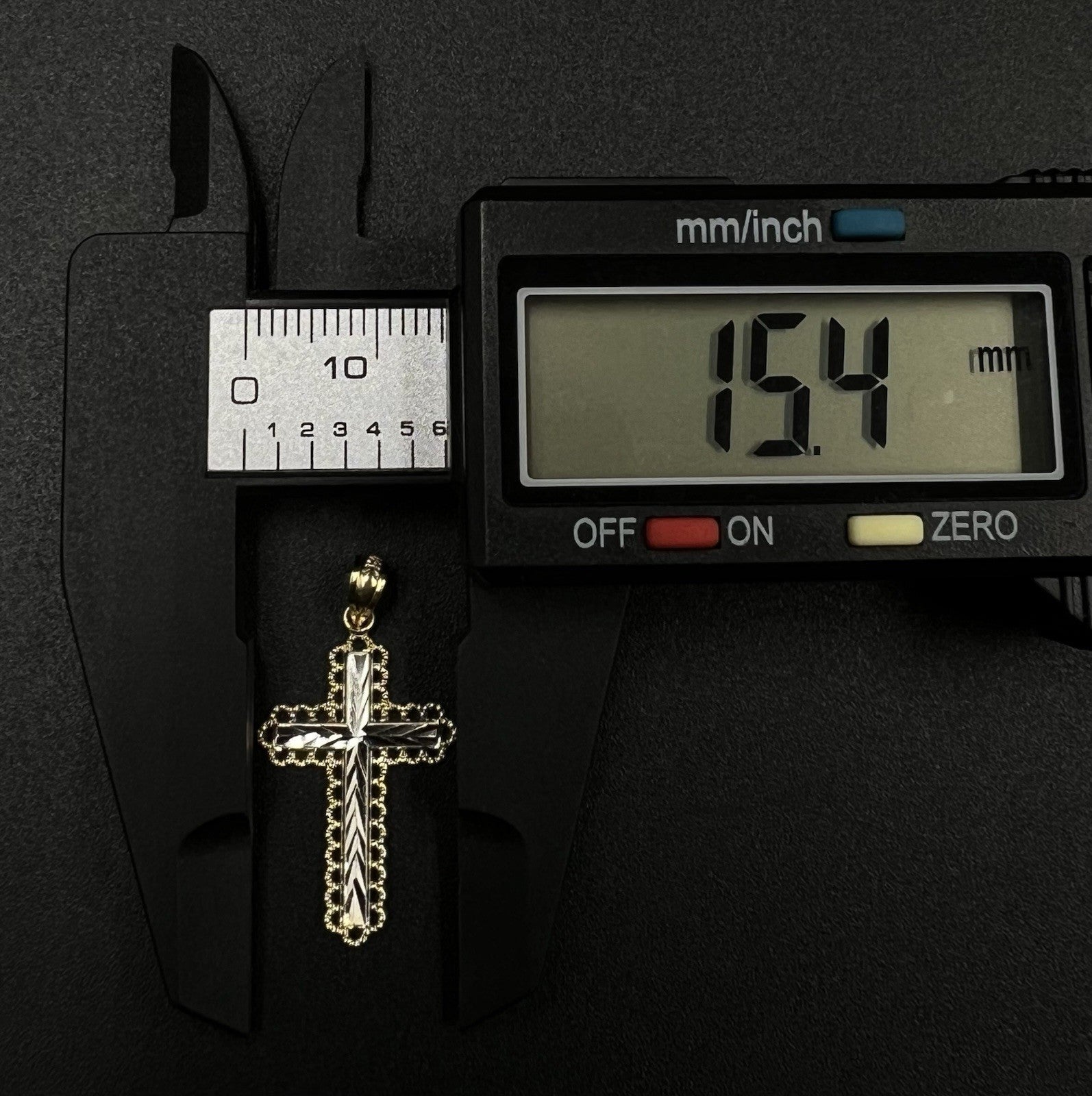 .61” x 1” 14K Semi-Solid Two-Tone Gold Diamond Cut Cross Pendant 1.07g 3MM Bail