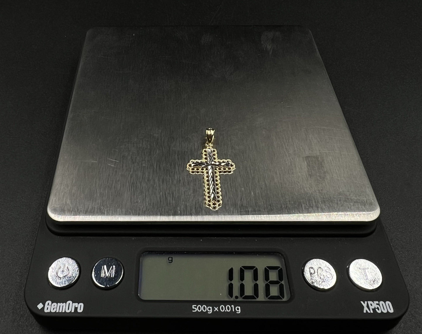 .61” x 1” 14K Semi-Solid Two-Tone Gold Diamond Cut Cross Pendant 1.07g 3MM Bail
