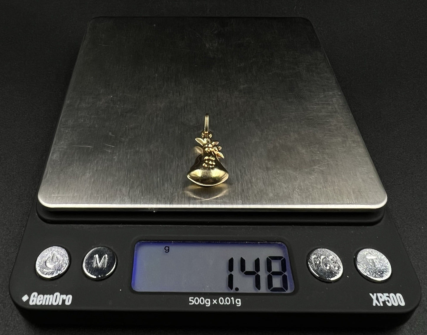 .46” x 1.05” 14K Hollow Yellow Gold Money Bag Pendant | 1.48g | 3.2 x 5.5mm Bail