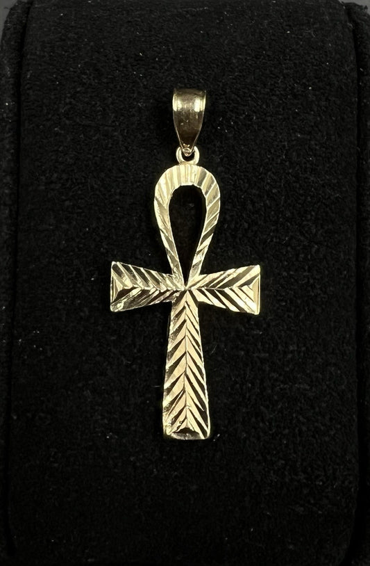 .61” x 1.42” 10K Semi-Solid Yellow Gold Diamond Cut Ankh Pendant | 1.4g Fits 3MM
