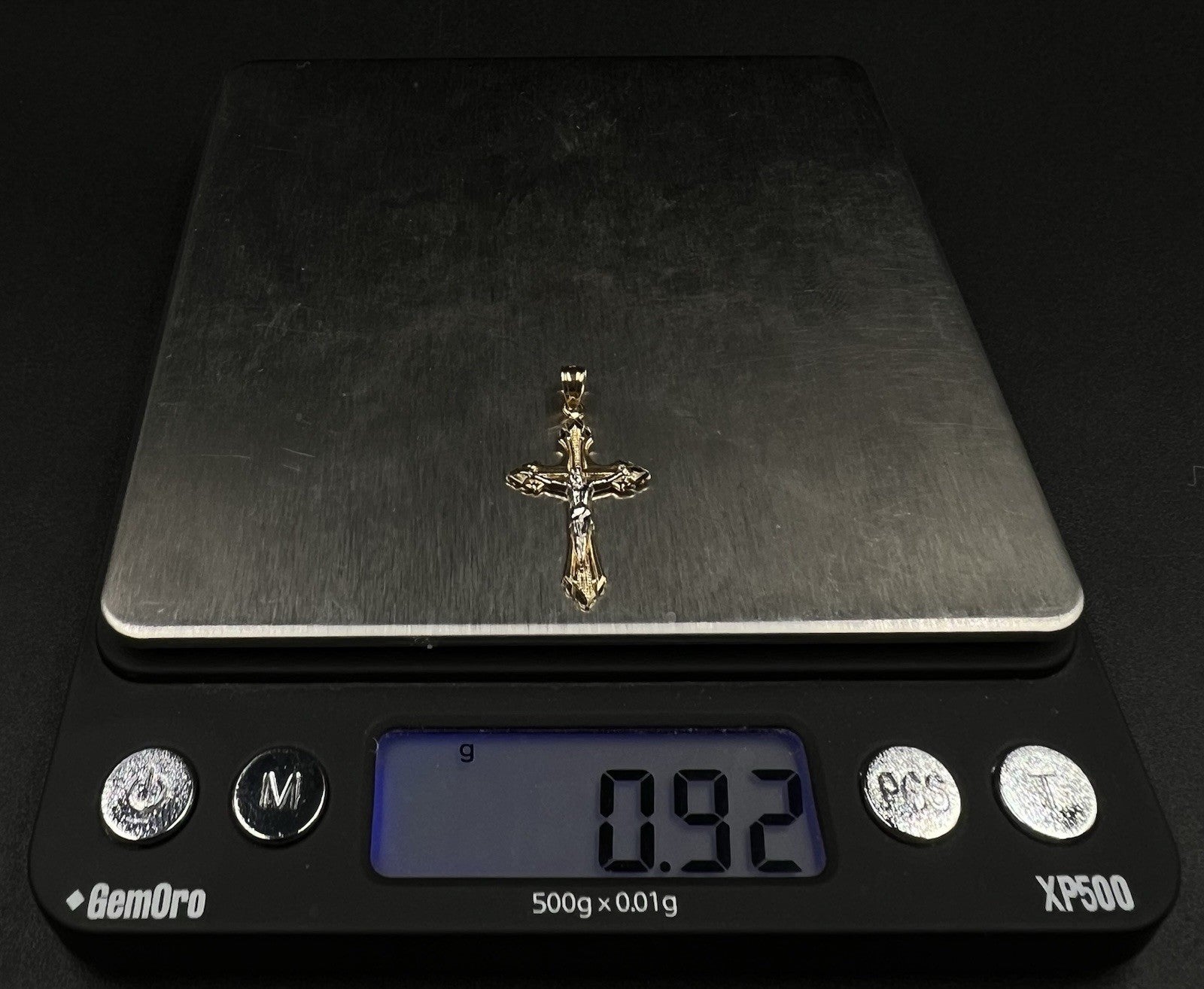 .61” x 1.17” 14K Solid Two-Tone Gold Crucifix Pendant | .91g | 3.5mm Bail |